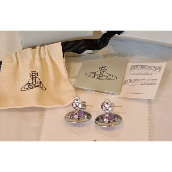 Vivienne Westwood 3D silver tone Purple Orb drop Earrings New with Box - Picture 11 of 12